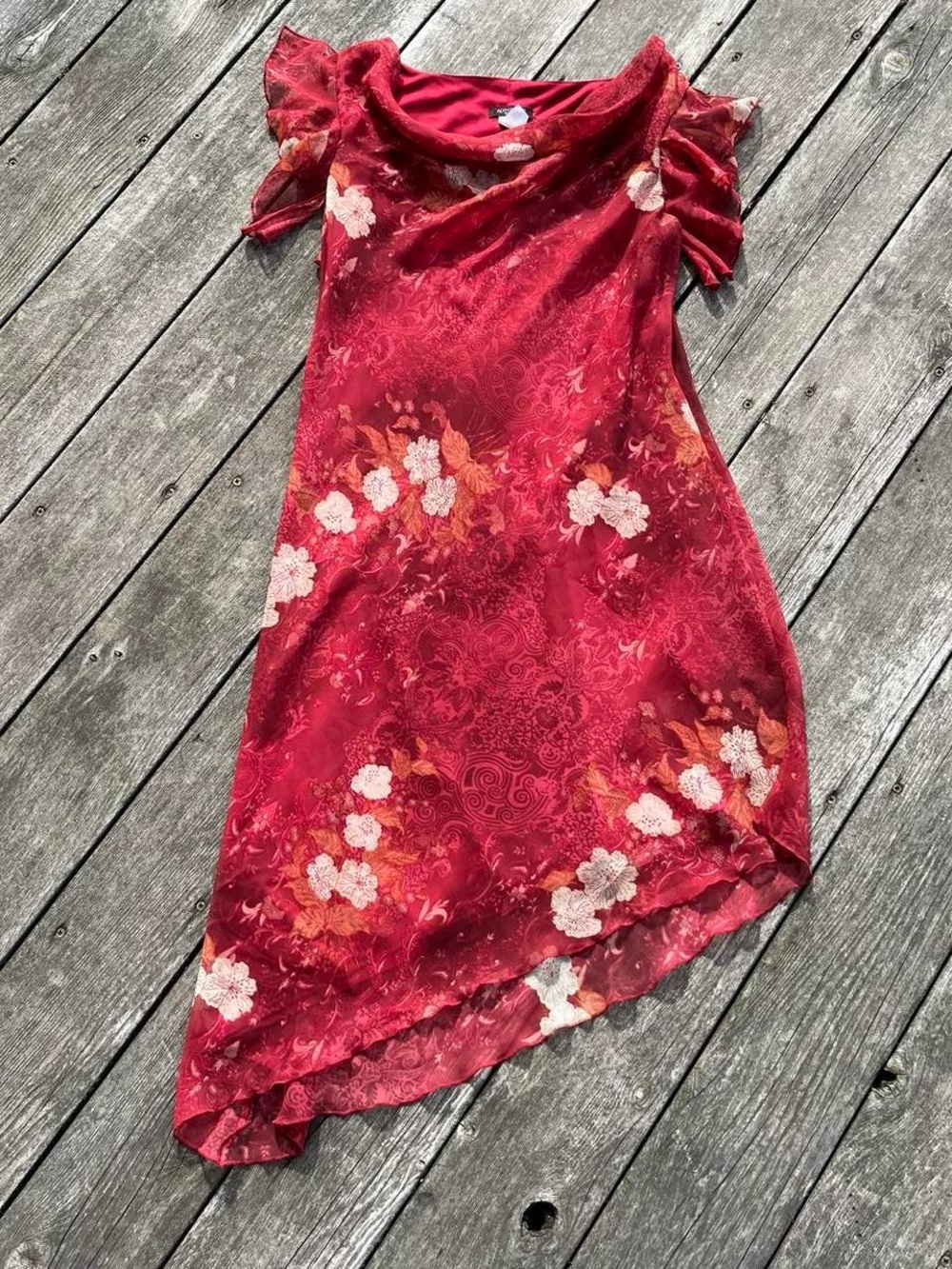Alyn Paige red floral sheer overlay asymmetrical fairy dress